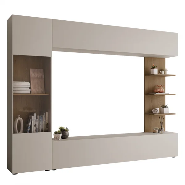 Parete attrezzata 250x187h cm soggiorno beige cashmere rovere Gracia