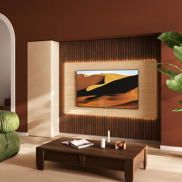 Parete attrezzata 261x186h cm con pannello cannettato effetto travertino beige rovere scuro Sunset Decor 1049