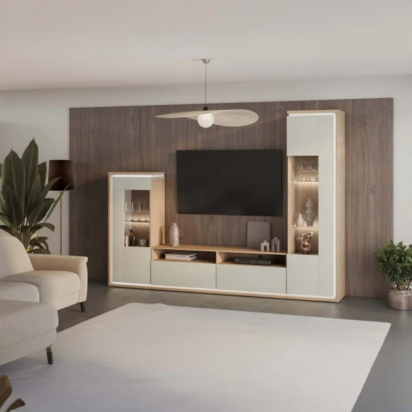 Parete attrezzata 270x201h cm con led beige rovere Lyve