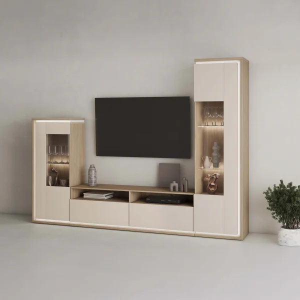 Parete attrezzata 270x201h cm con led beige rovere Lyve