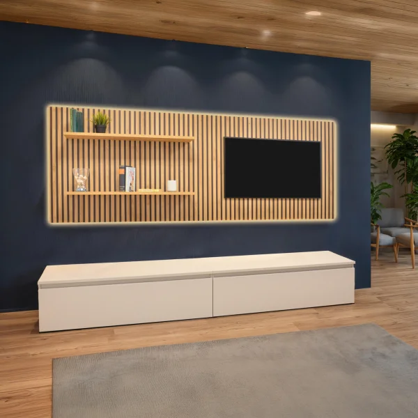 Parete attrezzata 276x180h cm con pannello cannettato beige cashmere rovere chiaro Sunset Decor 1031