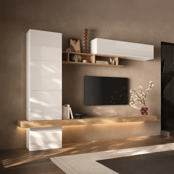 Parete attrezzata 276x200h cm bianco lucido rovere chiaro Sunset 1026