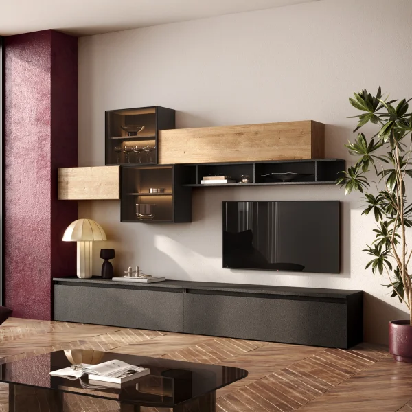 Parete attrezzata 276x200h cm ossido rovere chiaro Sunset 1027