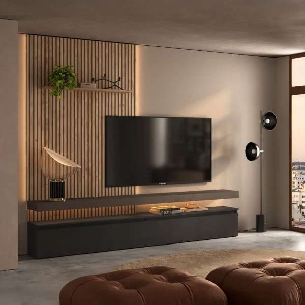 Parete attrezzata 276x265h cm con pannello cannettato ossido marrone rovere chiaro Sunset Decor 1036