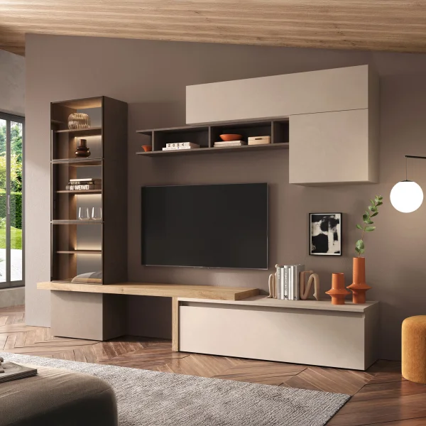 Parete attrezzata 285x195h cm marrone beige rovere chiaro Sunset 1030