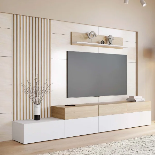 Parete attrezzata 300x209h cm con pannello cannettato bianco opaco rovere Orizon