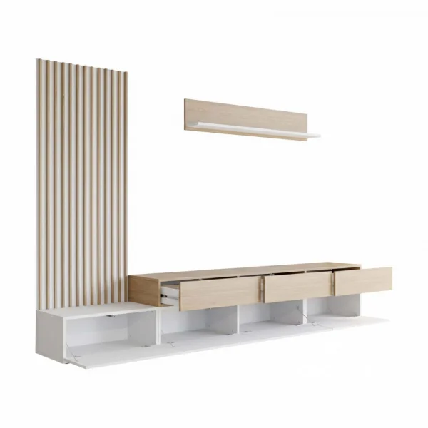 Parete attrezzata 300x209h cm con pannello cannettato bianco opaco rovere Orizon