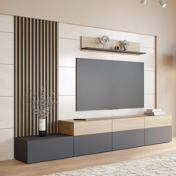 Parete attrezzata 300x209h cm con pannello cannettato grafite rovere Orizon