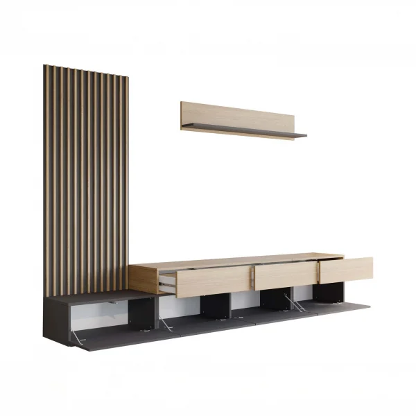 Parete attrezzata 300x209h cm con pannello cannettato grafite rovere Orizon