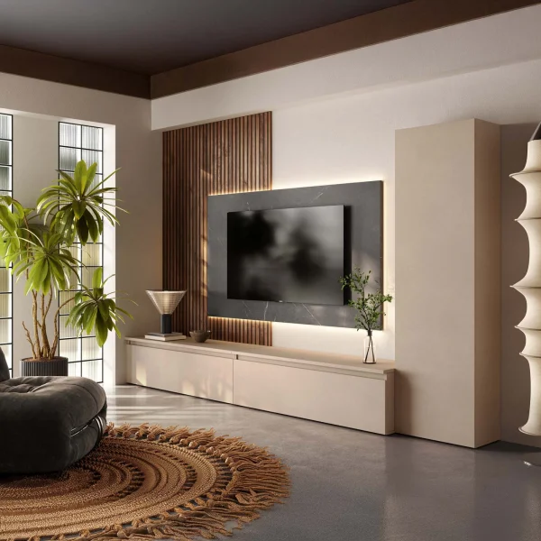 Parete attrezzata 330x220h cm con pannello cannettato beige rovere scuro nero effetto marmo Sunset Decor 1043