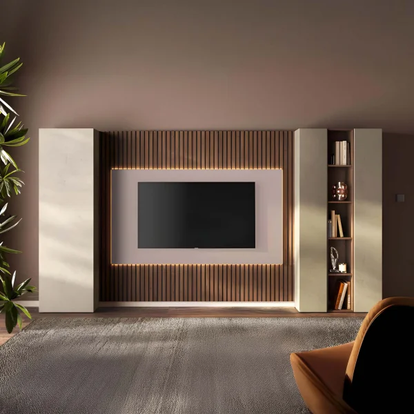 Parete attrezzata 345x186h cm con pannello cannettato tortora beige rovere scuro Sunset Decor 1044