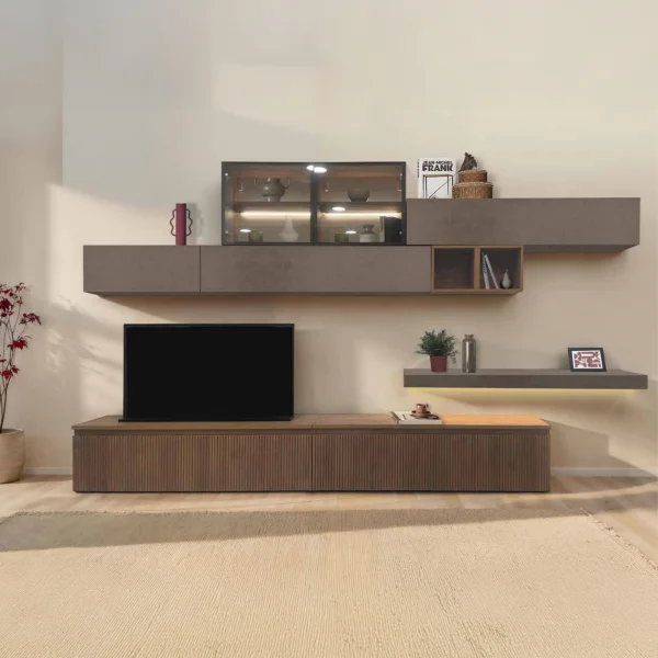 Parete attrezzata 345x209h cm cannettata marrone bronzo rovere scuro Sunset Decor 1028