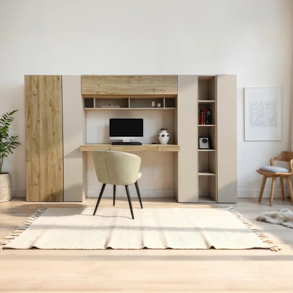 Parete attrezzata con scrivania 305x186h cm beige cashmere rovere chiaro Sunset 1029