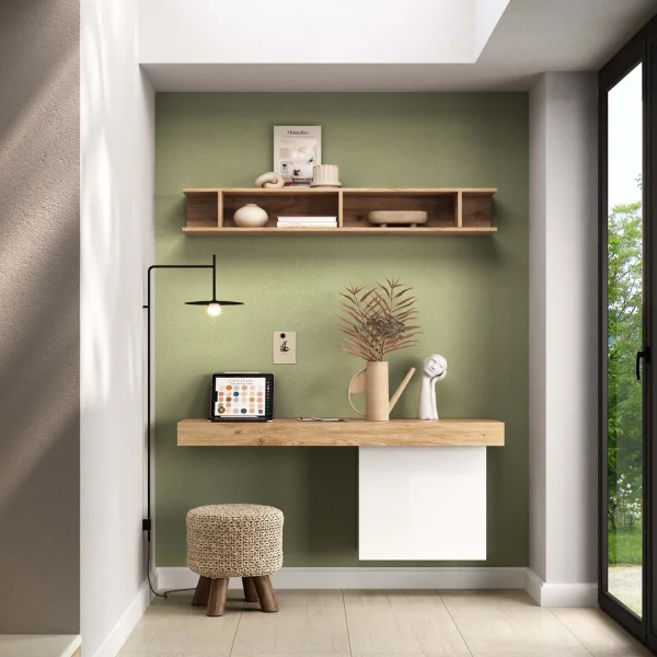 Parete attrezzata sospesa 138x180h cm bianco lucido rovere chiaro Sunset 1048