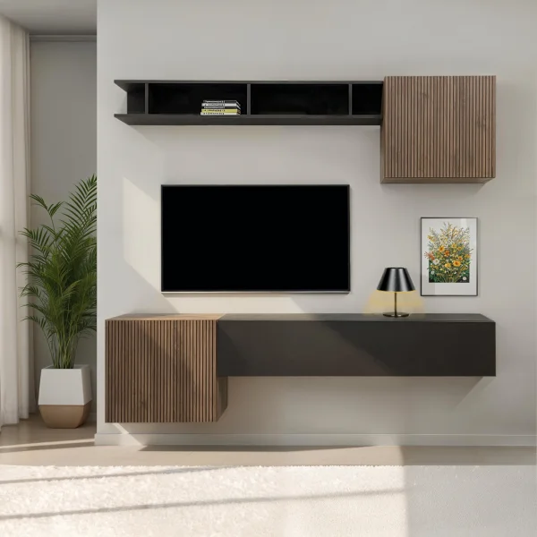 Parete attrezzata sospesa 193x188h cm cannettata ossido nero rovere scuro Sunset Decor 1038