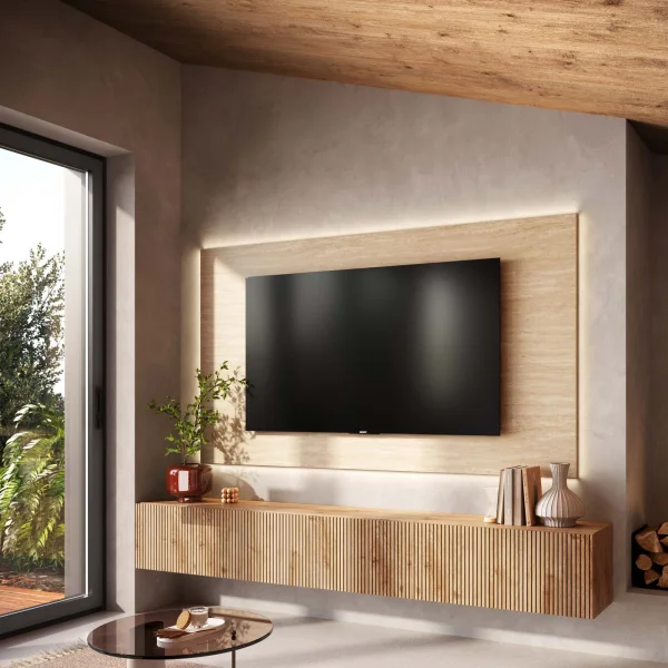 Parete attrezzata sospesa 207x180h cm effetto travertino rovere chiaro Sunset Decor 1046