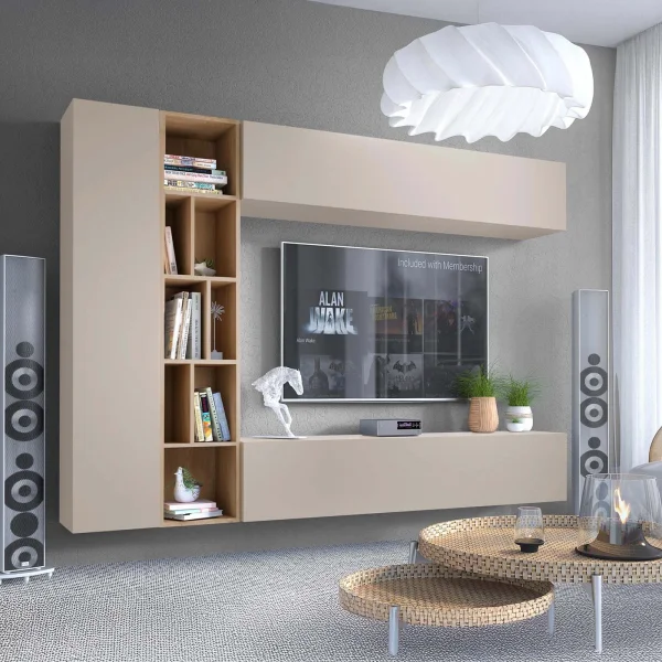 Parete attrezzata sospesa 224x160h cm moderna beige cashmere rovere Artemisia