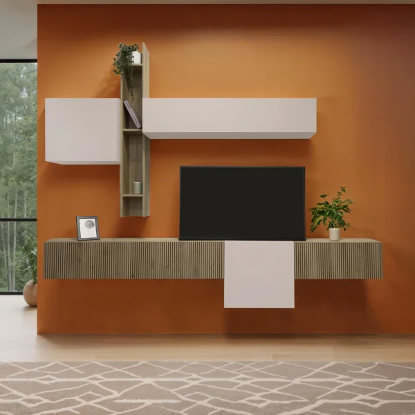 Parete attrezzata sospesa 262x220h cm cannettata beige cashmere rovere chiaro Sunset Decor 1034