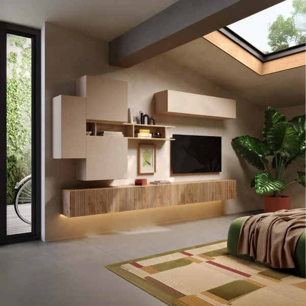 Parete attrezzata sospesa 276x187h cm beige rovere chiaro Sunset Decor 1040
