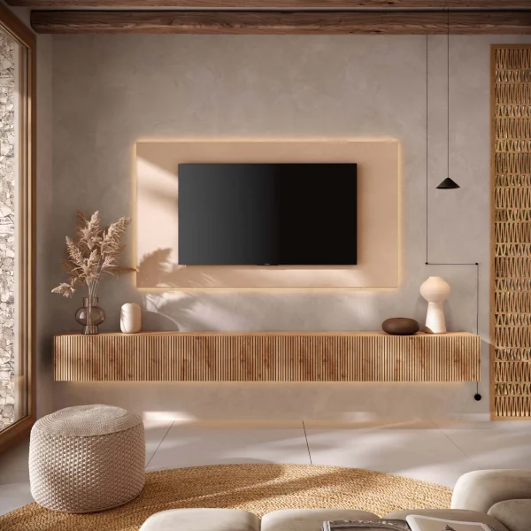 Parete attrezzata sospesa 276x190h cm beige rovere chiaro Sunset Decor 1039