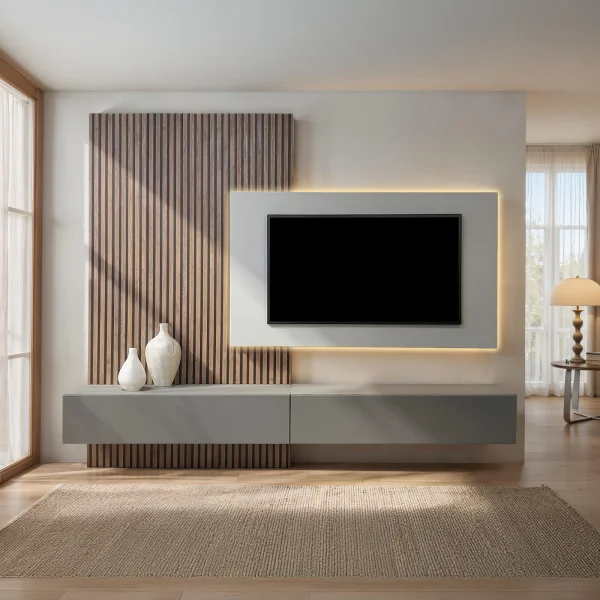 Parete attrezzata sospesa 276x260h cm con pannello cannettato grigio chiaro scuro rovere scuro Sunset Decor 1032