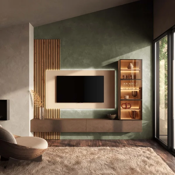 Parete attrezzata sospesa 276x260h cm con pannello cannettato marrone beige rovere chiaro Sunset Decor 1045
