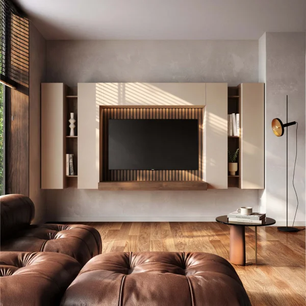 Parete attrezzata sospesa 292x180h cm con pannello cannettato beige rovere scuro Sunset Decor 1042