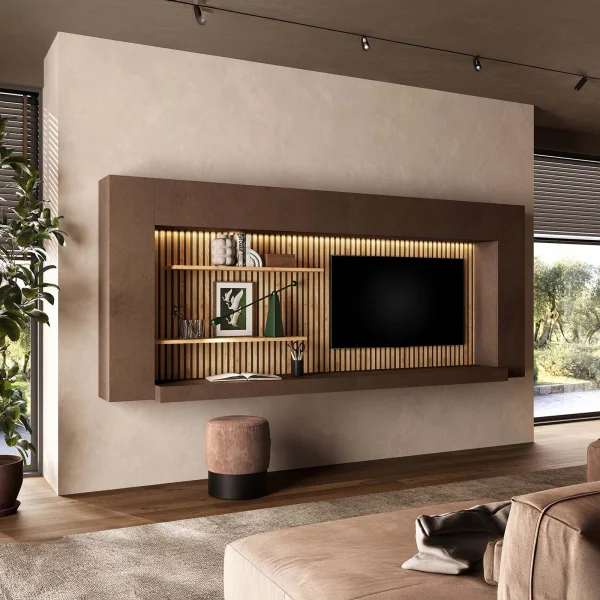 Parete attrezzata sospesa 334x180h cm con pannello cannettato marrone rovere chiaro Sunset Decor 1041