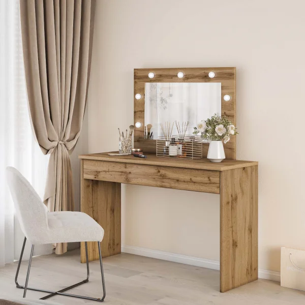 Postazione trucco 118x136h cm con specchio e led rovere Chaima