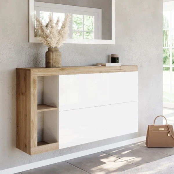 Scarpiera sospesa ingresso 133x77h cm 2 ante a ribalta bianco lucido rovere Invictus