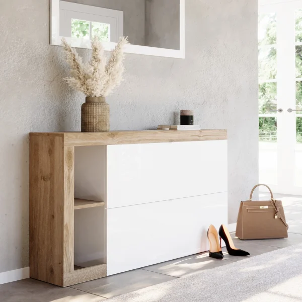 Scarpiera sospesa ingresso 133x77h cm 2 ante a ribalta bianco lucido rovere Invictus