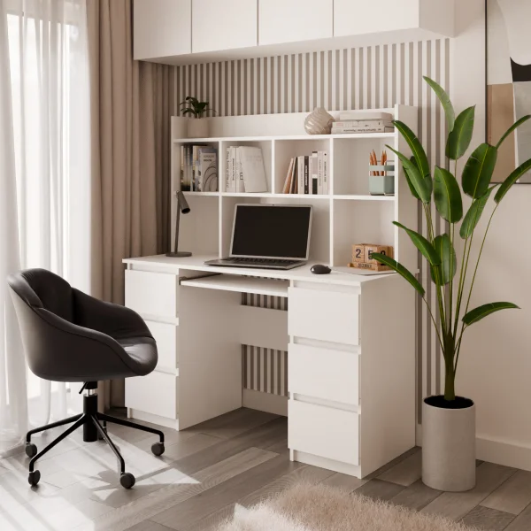 Scrivania 130x146h con cassetti laterali, libreria e ripiani bianca Toppy