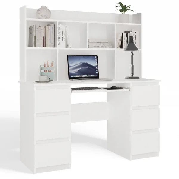 Scrivania 130x146h con cassetti laterali, libreria e ripiani bianca Toppy