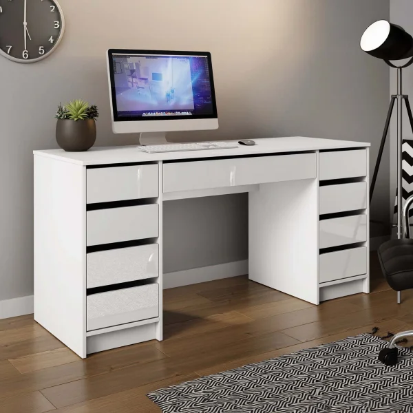 Scrivania ufficio 154x55cm 9 cassetti bianco lucido Blackpool