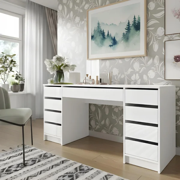 Scrivania ufficio 154x55cm 9 cassetti bianco lucido Blackpool