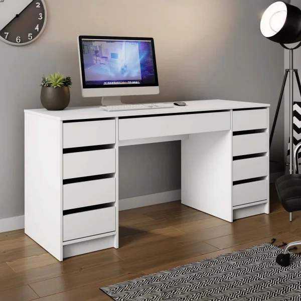 Scrivania ufficio 154x55cm 9 cassetti bianco opaco Blackpool