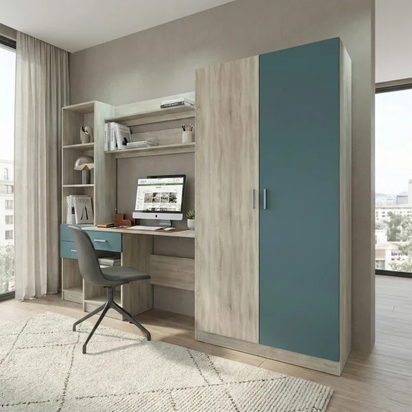 Scrivania ufficio 220x180h cm con armadio e libreria rovere blu petrolio Alexia Gihome®