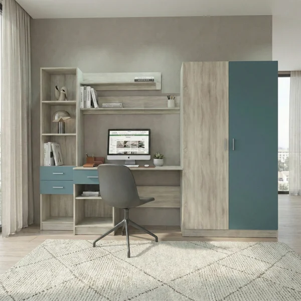 Scrivania ufficio 220x180h cm con armadio e libreria rovere blu petrolio Alexia Gihome®