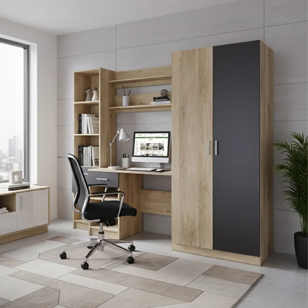 Scrivania ufficio 220x180h cm con armadio e libreria rovere grigio antracite Alexia Gihome®