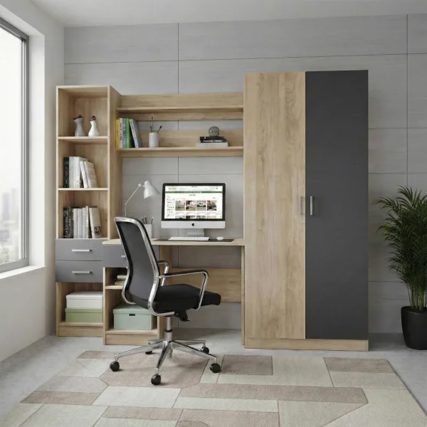 Scrivania ufficio 220x180h cm con armadio e libreria rovere grigio antracite Alexia Gihome®