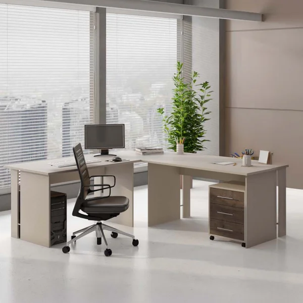 Scrivania ufficio angolare 228x198cm con cassettiera beige cashmere noce Woody
