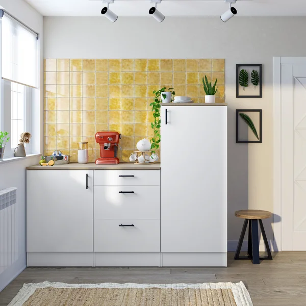 Set mobili base per cucina 180 cm componibile bianco lucido rovere Kimera