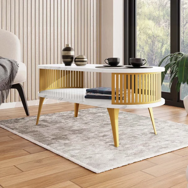 Tavolino da salotto 100x50cm ovale con ripiano effetto marmo bianco dorato Valeris