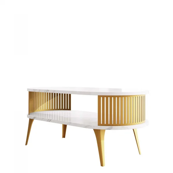 Tavolino da salotto 100x50cm ovale con ripiano effetto marmo bianco dorato Valeris