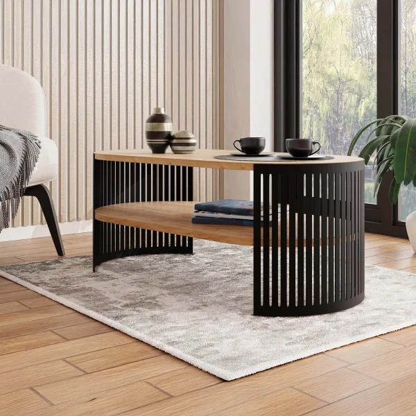 Tavolino da salotto 100x50cm ovale con ripiano rovere nero Elisera