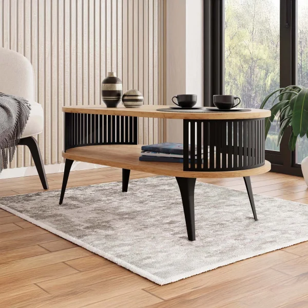 Tavolino da salotto 100x50cm ovale con ripiano rovere nero Valeris