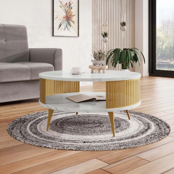 Tavolino da salotto 75x75cm rotondo con ripiano effetto marmo bianco dorato Valeris