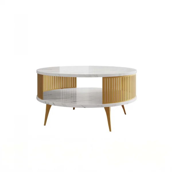 Tavolino da salotto 75x75cm rotondo con ripiano effetto marmo bianco dorato Valeris