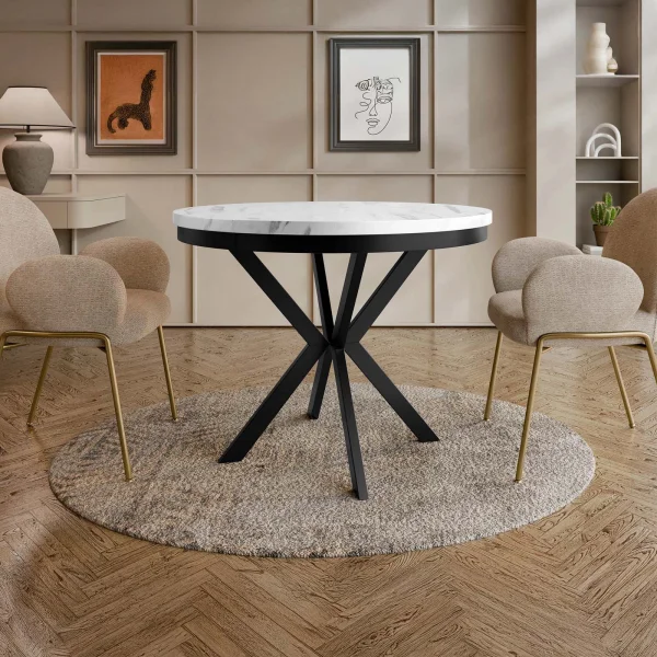 Tavolo da pranzo allungabile 90/166 cm rotondo nero effetto marmo bianco Vortex