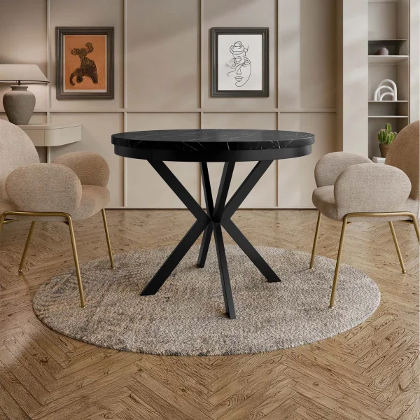 Tavolo da pranzo allungabile 90/166 cm rotondo nero effetto marmo nero Vortex